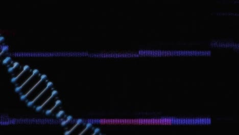 Animation-Blauer-Linien-über-Einem-Sich-Drehenden-DNA-Strang-Auf-Dunklem-Hintergrund