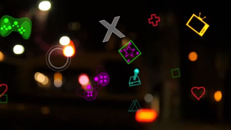 Animation-of-diverse-neon-shapes-moving-over-blurred-night-cityscape
