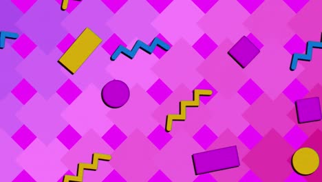 Animation-Verschiedener-Geometrischer-Formen,-Die-Sich-über-Rosa-Hintergrund-Mit-Quadraten-Bewegen