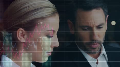 Animation-of-financial-data-and-graphs-over-caucasian-businessman-and-businesswoman-talking
