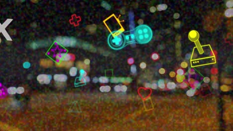 Animation-of-diverse-neon-shapes-moving-over-blurred-night-cityscape