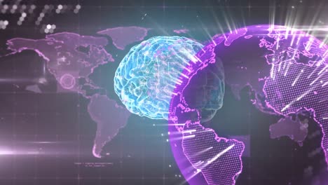 Digital-animation-of-human-brain-and-globe-spinning-over-world-map-against-grey-background