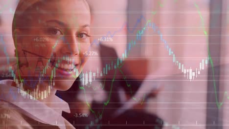 Animation-of-financial-data-and-graphs-over-happy-caucasian-businesswoman-looking-at-camera