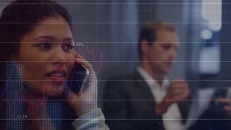 Animation-of-financial-data-and-graphs-over-happy-biracial-businesswoman-using-smartphone