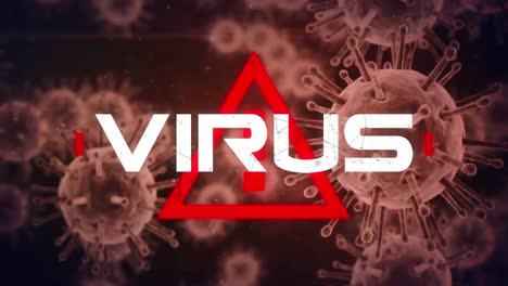 Virus-text-over-attention-symbol-against-multiple-covid-19-cells-floating-on-red-background