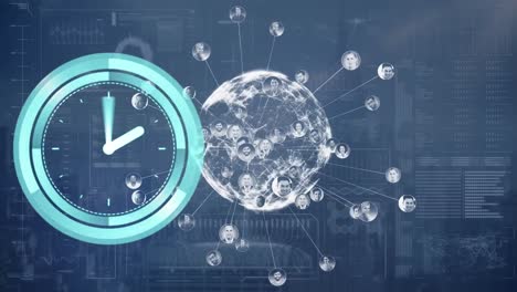 Animation-of-digital-interface-with-clock-over-dark-background