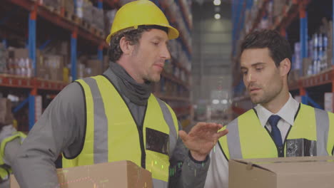 Animation-of-financial-data-processing-over-two-caucasian-warehouse-worker