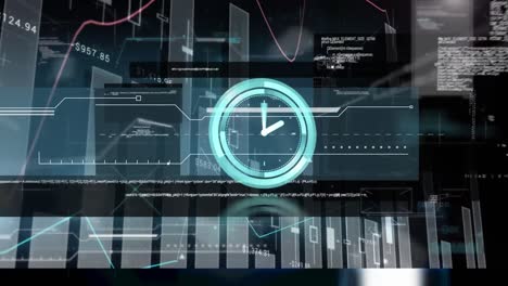Neon-Tickende-Uhr-über-Statistischer-Datenverarbeitung-Vor-Schwarzem-Hintergrund