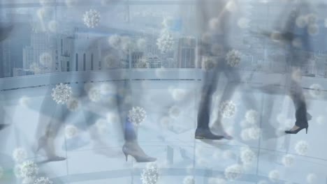 Animation-of-virus-cells-and-molecules-over-timelapse-with-businesspeople-walking-in-office