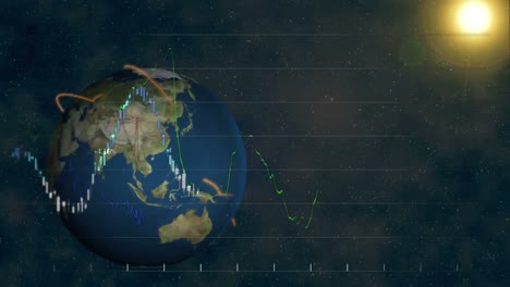 Animation-Von-Diagrammen-über-Globus-Und-Sonne-Auf-Schwarzem-Hintergrund