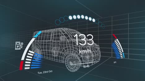 Animation-of-speedometer-over-electric-van-project-on-navy-background