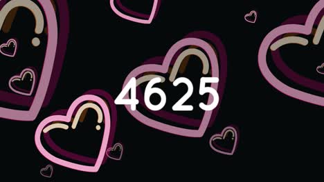 Animation-of-hearts-and-increasing-numbers-over-black-background