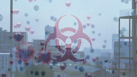 Animation-of-biohazard-and-virus-cells-over-cityscape