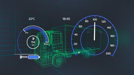 Animation-of-speedometer-over-electric-truck-project-on-navy-background