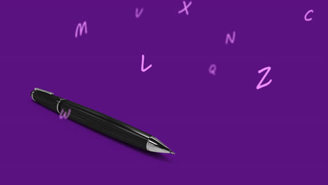 Animation-Von-Buchstaben,-Die-über-Einem-Stift-Auf-Violettem-Hintergrund-Schweben