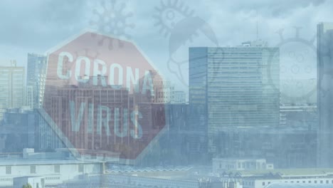 Animation-Von-Corona-Virus-Verbotszeichen-Und-Viruszellen-über-Dem-Stadtbild