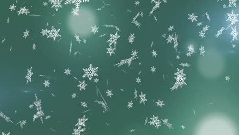 Animation-of-snowflakes-falling-over-green-background-with-lights