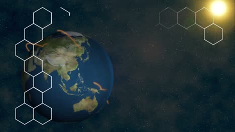Animation-of-hexagons-and-connections-over-globe-and-black-background