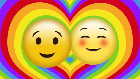 Animation-of-emoticons-kissing-over-rainbow-hearts-in-background