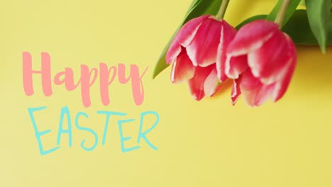 Animation-of-happy-easter-and-tulips-on-yellow-background