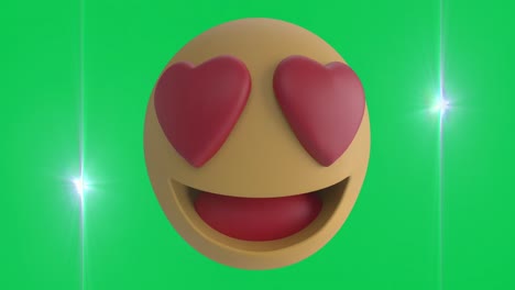 Animation-of-happy-emoticon-on-green-background-with-lights