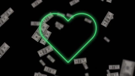 Animation-of-neon-heart-and-dollars-over-black-background