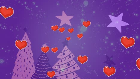 Animation-of-hearts-floating-over-violet-background-with-christmas-trees