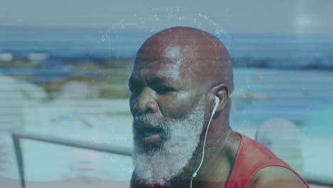 Globus-Des-Netzwerks-Von-Verbindungen-Gegen-Einen-Afroamerikanischen-älteren,-Fitten-Mann-Mit-Kopfhörern