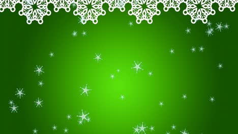 Animation-of-snowflakes-falling-over-green-background
