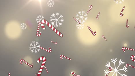 Animation-Von-Schneeflocken-Und-Weihnachtssüßigkeiten,-Die-Mit-Lichtern-Auf-Beigem-Hintergrund-Fallen