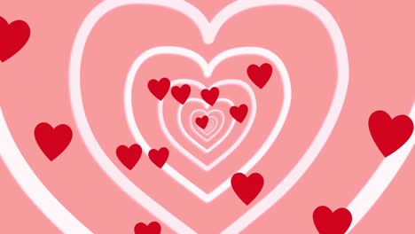 Animation-of-red-hearts-floating-over-tunnel-made-of-white-hearts-on-pink-background