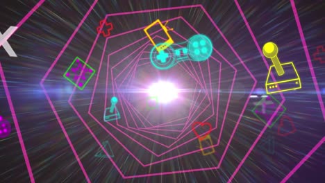 Animation-Verschiedener-Neon-Gaming-Geräte,-Die-Sich-über-Den-Digitalen-Raum-Bewegen