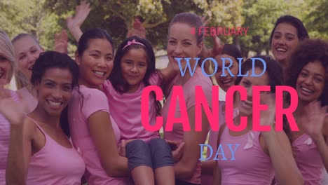Animation-of-world-cancer-day-over-happy-diverse-women-waving-at-camera