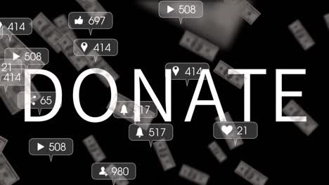 Animation-Von-Dollars,-Spenden-Und-Social-Media-Reaktionen-Auf-Schwarzem-Hintergrund