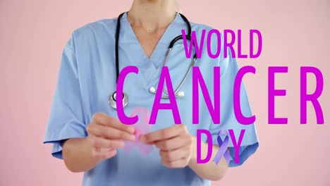 Animation-of-world-cancer-day-over-midsection-of-caucasian-female-doctor-with-pink-ribbon