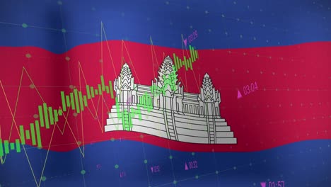 Financial-data-processing-against-waving-flag-of-cambodia-in-background