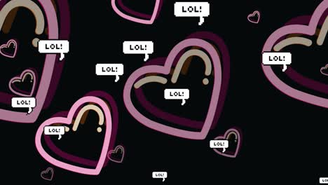 Animation-of-hearts-and-lol-reactions-over-black-background