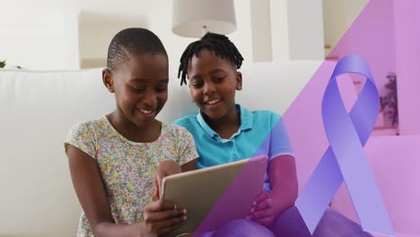 Animation-of-blue-ribbon-over-african-american-siblings-smiling-and-using-tablet