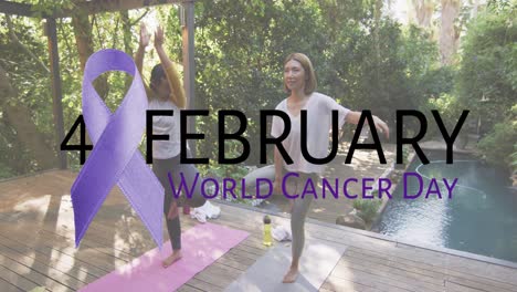 Animation-of-world-cancer-day-over-diverse-women-practicing-joga-outdoors