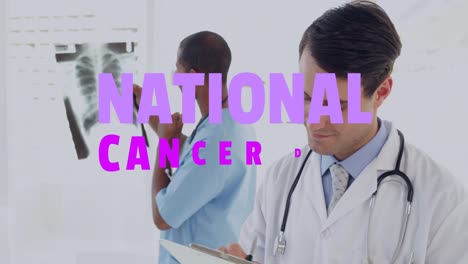 Animation-Des-Nationalen-Krebstags-über-Glückliche,-Vielfältige-Männliche-Ärzte