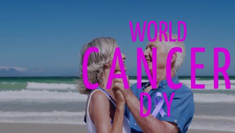 Animation-of-world-cancer-day-over-happy-caucasian-senior-couple-dancing-on-beach