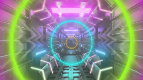 Animation-Von-Neonkreisen-über-Einem-Sich-Bewegenden-Tunnel