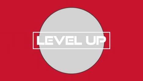 Digital-animation-of-level-up-text-over-white-circular-banner-against-red-background