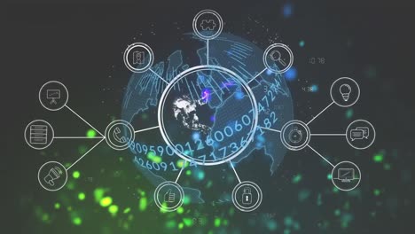 Network-of-digital-icons-against-neon-green-particles-and-spinning-globe-on-blue-background