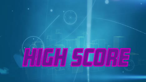 High-score-text-banner-against-network-of-connections-and-3d-cityscape-against-blue-background
