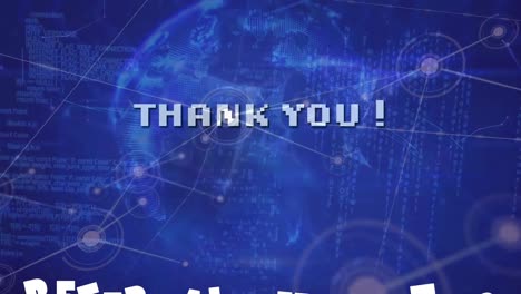 Thank-you-text-banner-and-network-of-connections-against-spinning-globe-on-blue-background