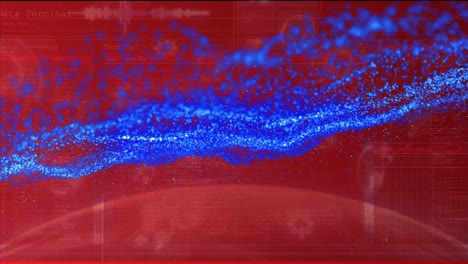 Onda-Digital-Azul-Contra-Múltiples-Escáneres-Redondos-Y-Procesamiento-De-Datos-Contra-Fondo-Rojo.