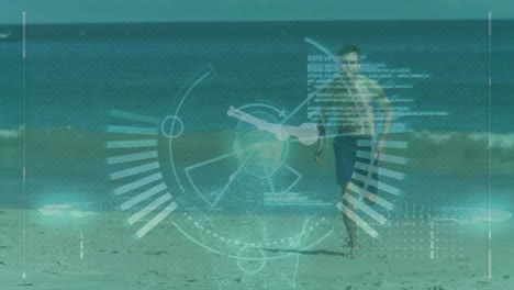 Animation-of-data-processing-over-caucasian-man-running-on-beach