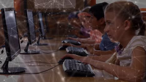 Network-of-connections-against-group-of-diverse-students-using-computers-at-school