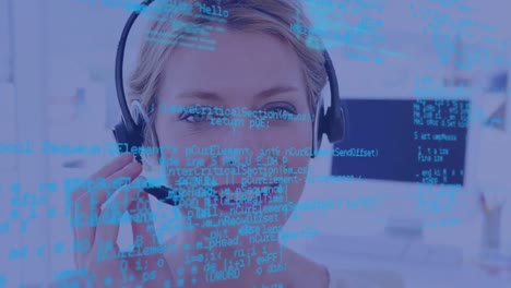 Data-processing-against-caucasian-female-customer-care-executive-talking-on-phone-headset